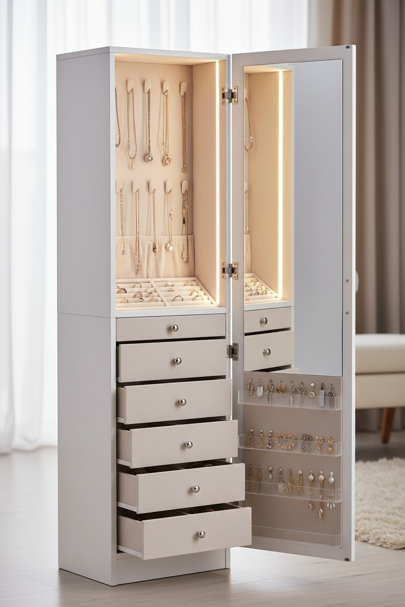 Optimisez Votre Rangement de Bijoux avec une Armoire Blanche à Miroir et LED
