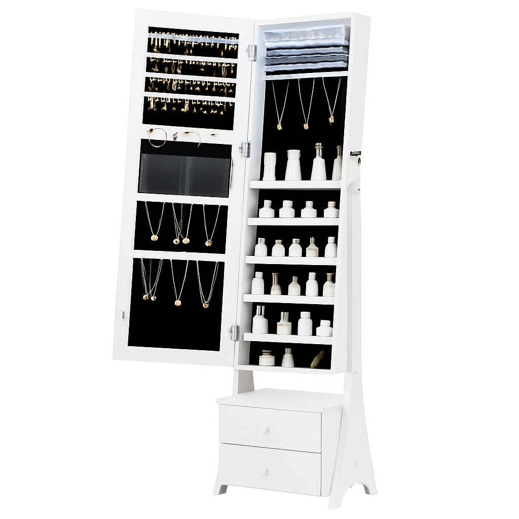 Grande Armoire à Bijoux Blanche avec Miroir, LED et Double Tiroir - vue principale fermée