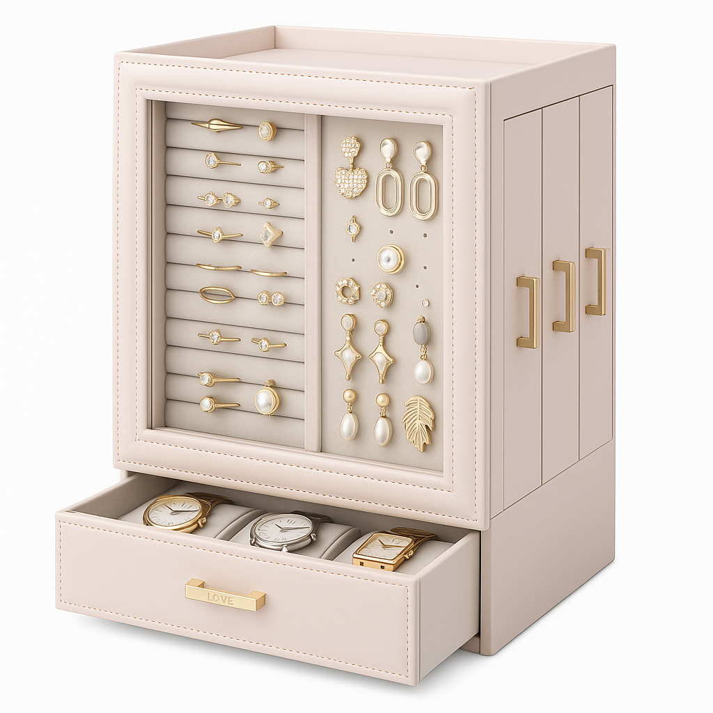 Boîte à Bijoux En Cuir Rose et Tiroirs - vue principale