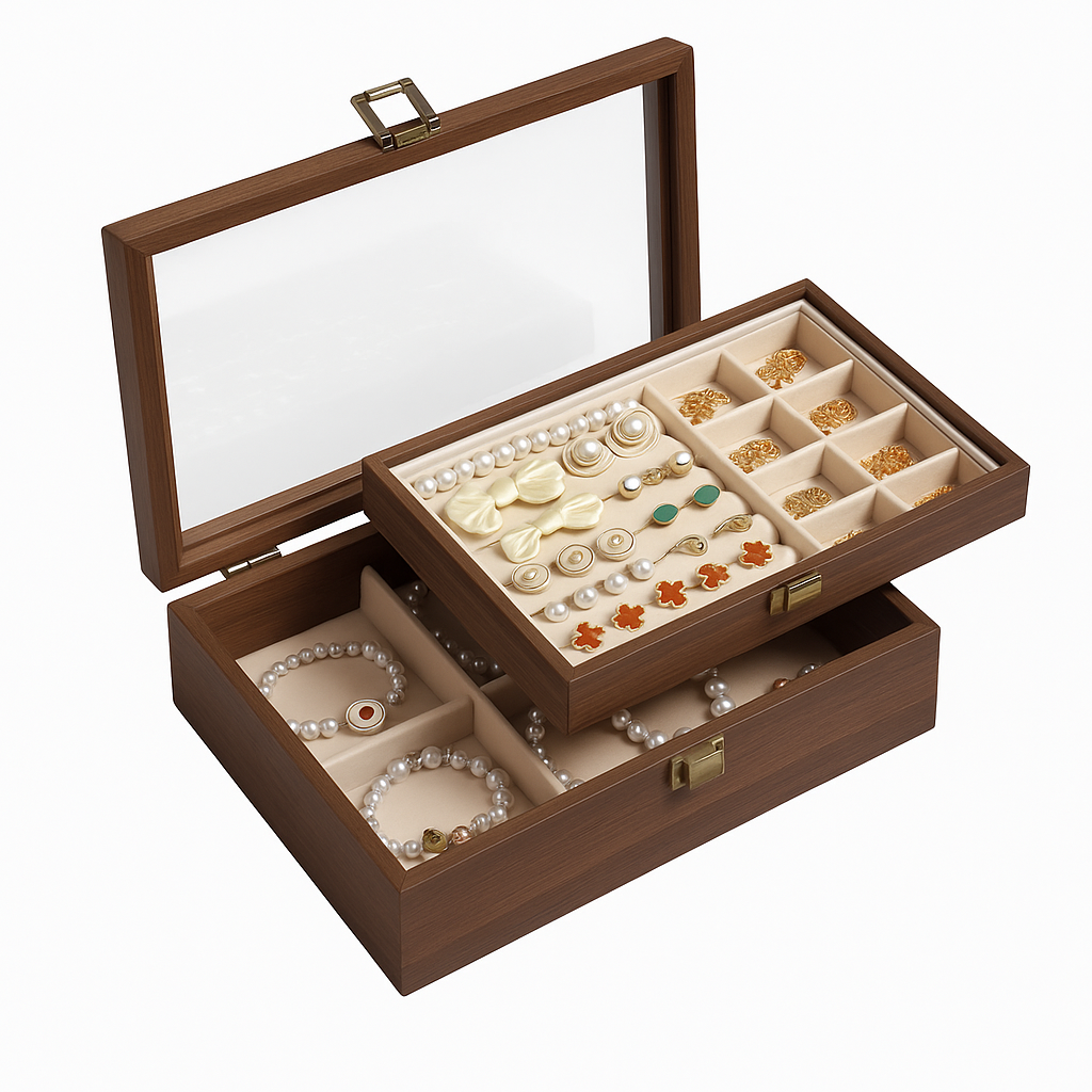 Boîte à Bijoux En Bois Foncé à Double Plateau - vue principale