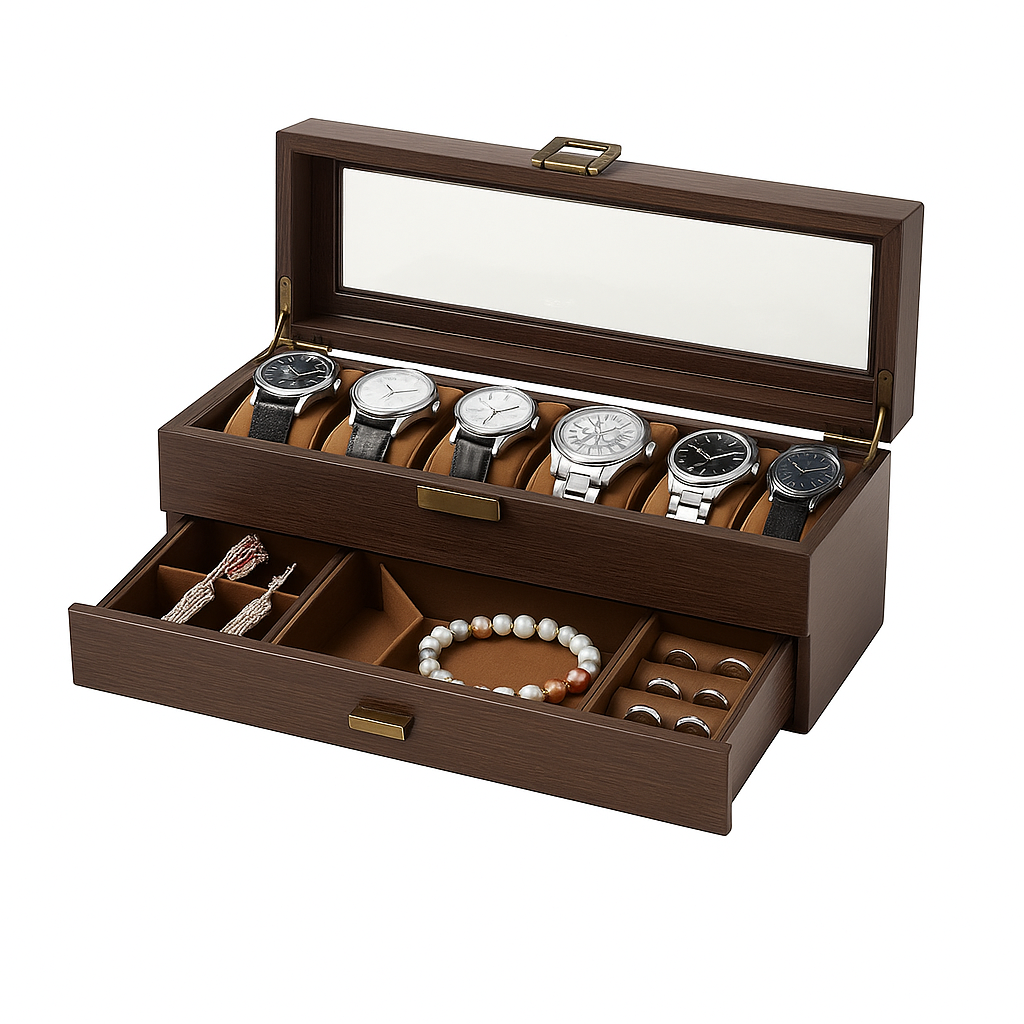 Coffret De Rangement Montres Et Bijoux En Bois Foncé - vue principale