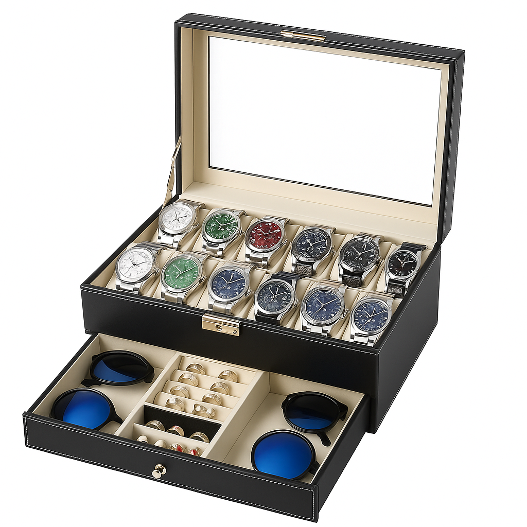 Boîte à Montres 12 Compartiments En Cuir Avec Tiroir - vue principale