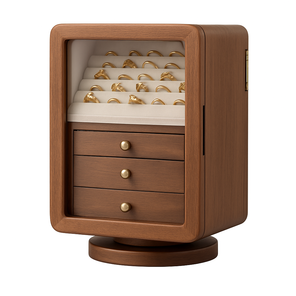 Boîte à Bijoux Rotative En Bois Massif Avec Vitre Transparente - vue principale