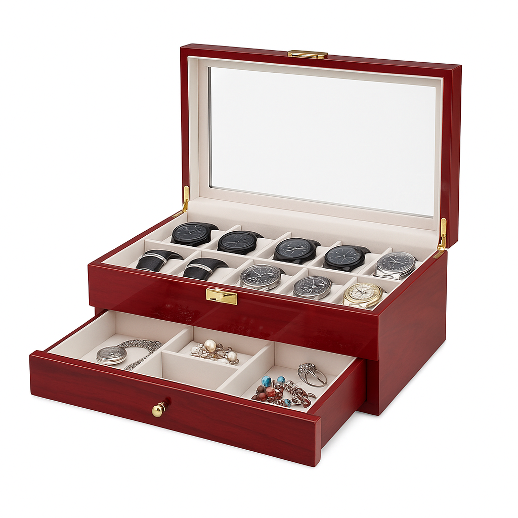 Boîte à Montres Et Bijoux Rouge Avec Ouverture Transparente - vue principale