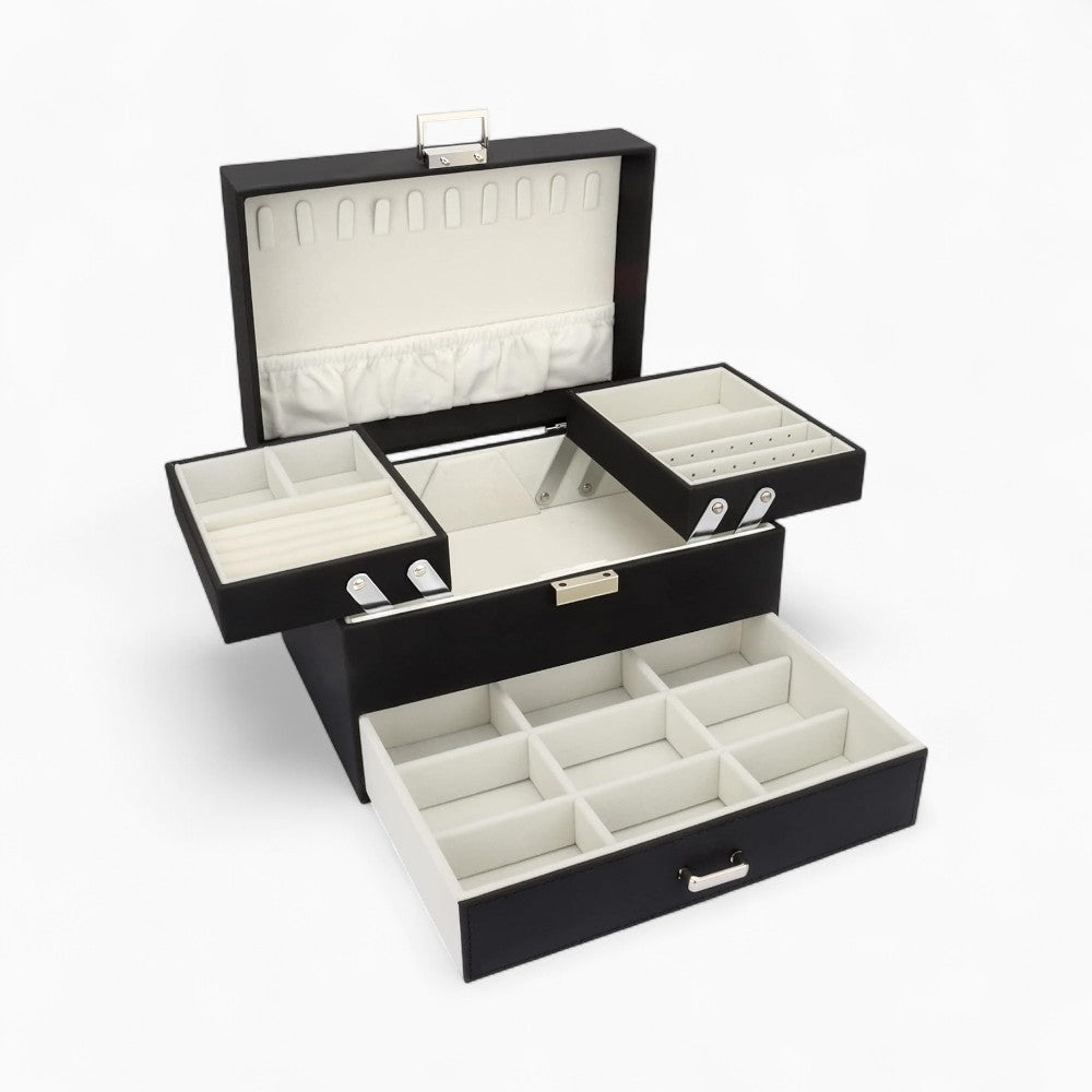 Boîte à Bijoux Multi-Rangements En Cuir Véritable - accessoires inclus