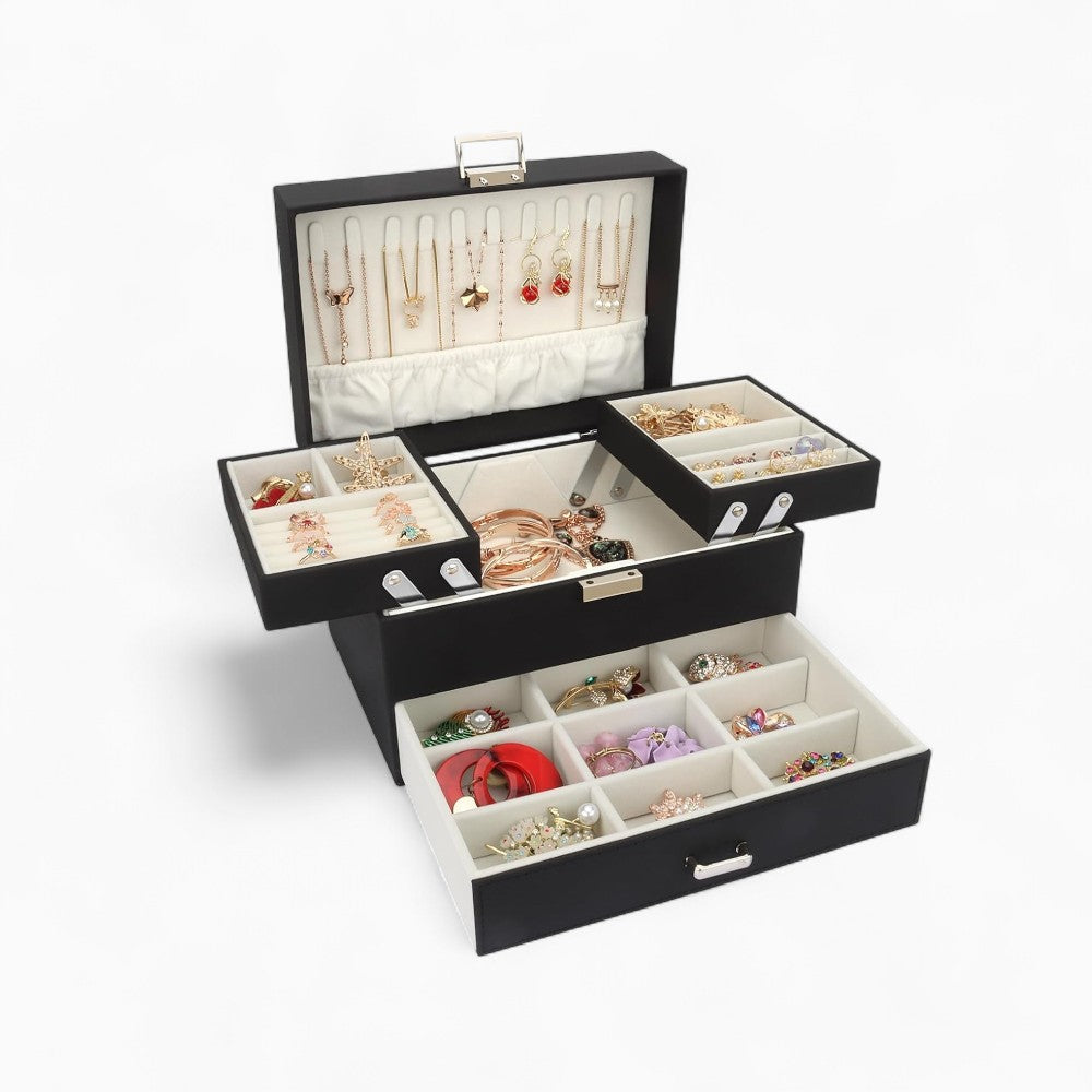 Boîte à Bijoux Multi-Rangements En Cuir Véritable - vue packagée