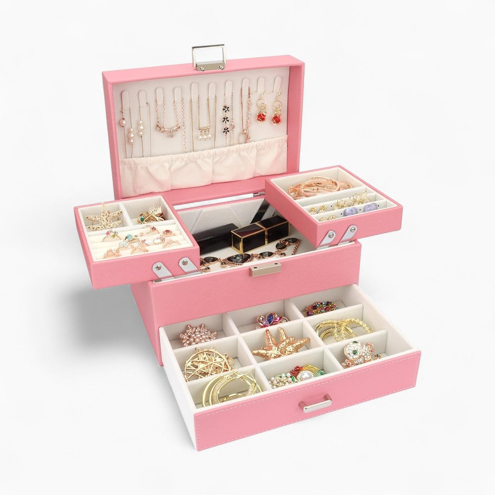 Boîte à Bijoux Multi-Rangements En Cuir Véritable - dimensions
