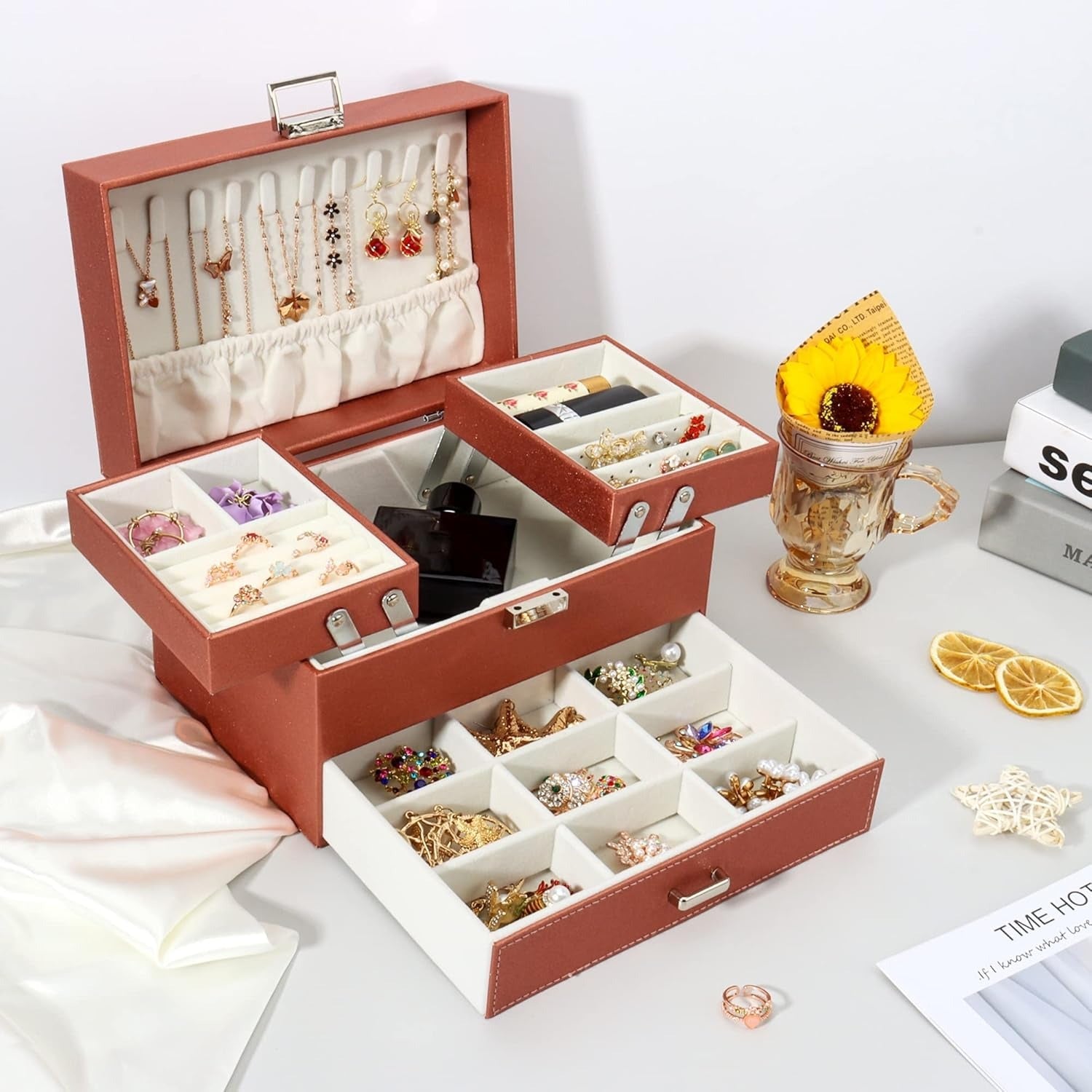 Boîte à Bijoux Multi-Rangements En Cuir Véritable - tiroirs ouverts