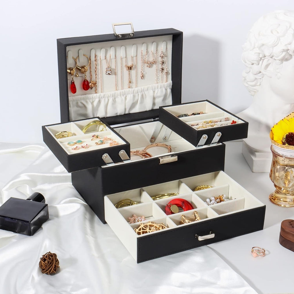 Boîte à Bijoux Multi-Rangements En Cuir Véritable - couleur et texture