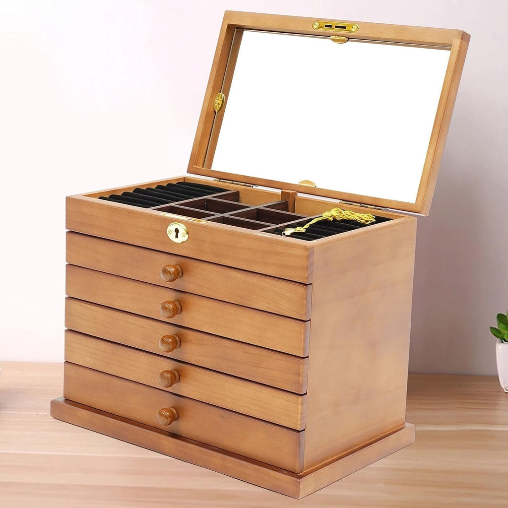 Boîte à Bijoux En Bois Naturel 6 Tiroirs - intérieur et compartiments