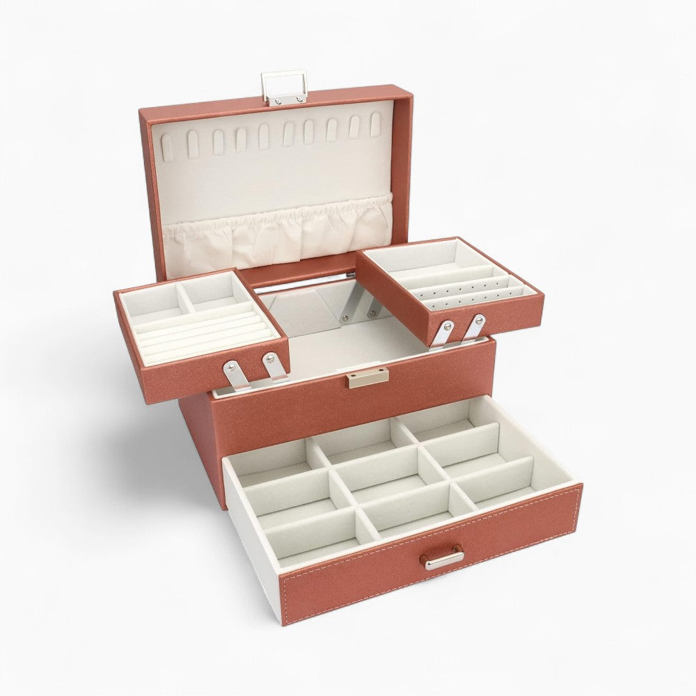 Boîte à Bijoux Multi-Rangements En Cuir Véritable - vue d'ensemble