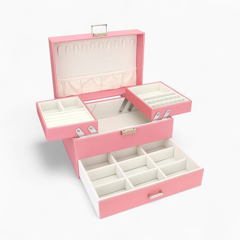 Boîte à Bijoux Multi-Rangements En Cuir Véritable - reflets et finition