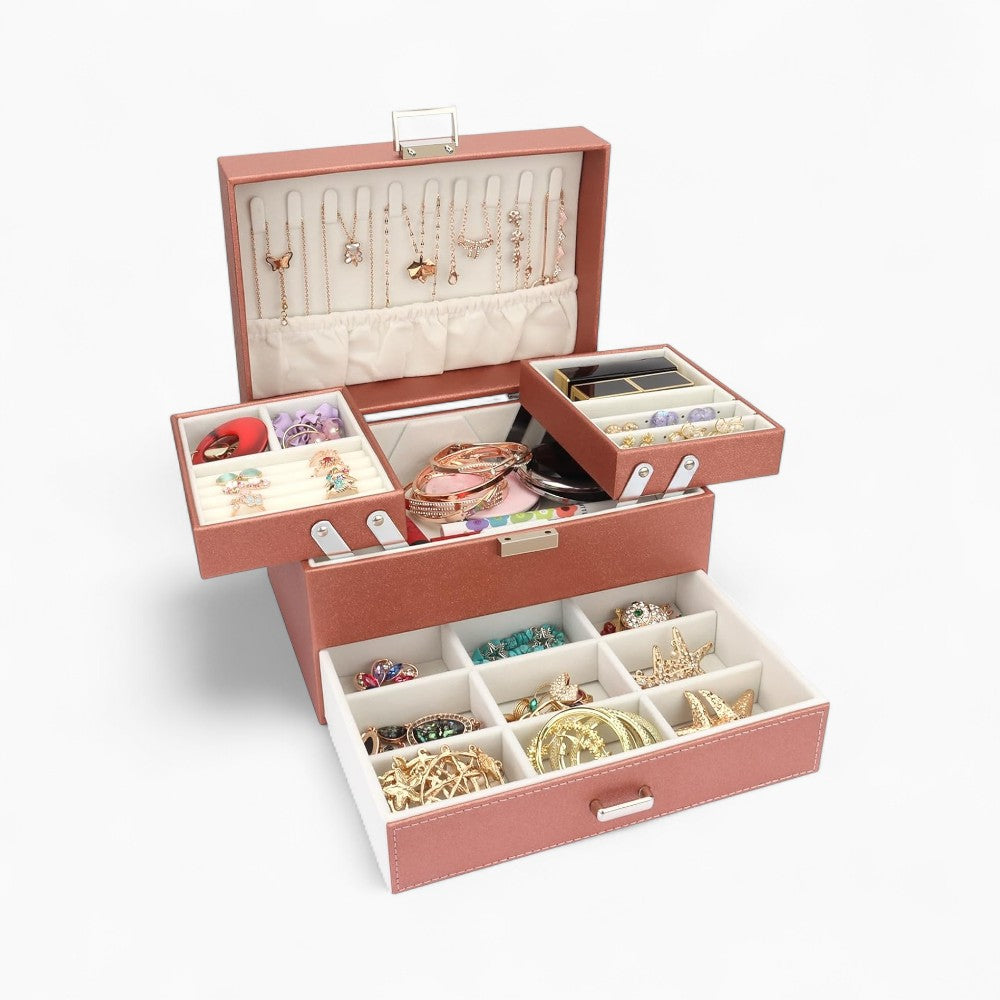 Boîte à Bijoux Multi-Rangements En Cuir Véritable