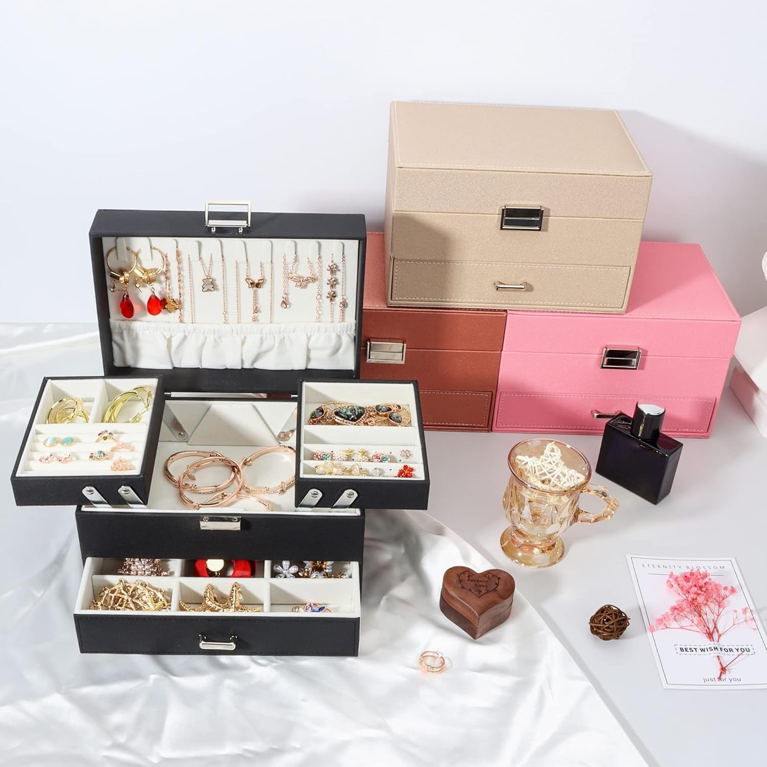 Boîte à Bijoux Multi-Rangements En Cuir Véritable - contenance