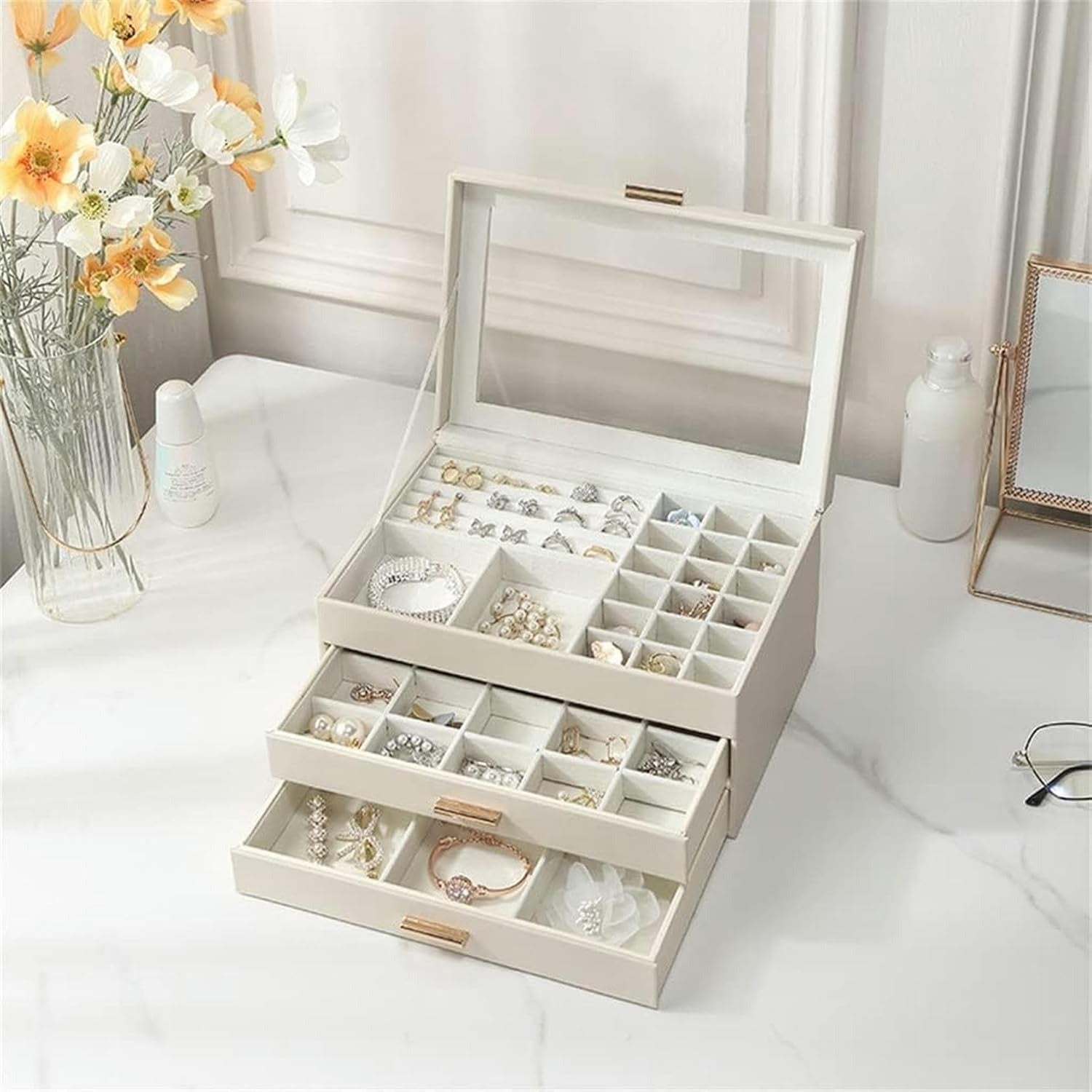 Boîte à Bijoux En Cuir Moderne - vue ouverte
