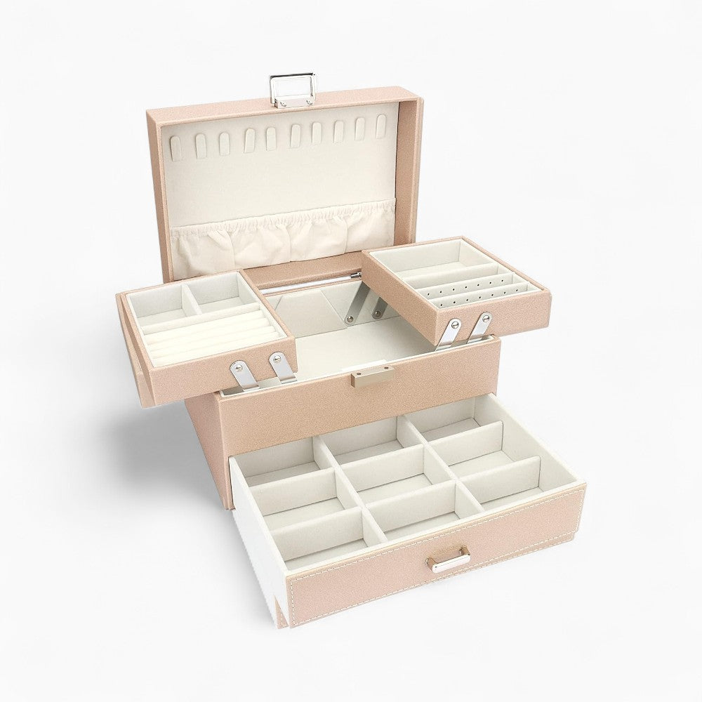 Boîte à Bijoux Multi-Rangements En Cuir Véritable - rangement intérieur