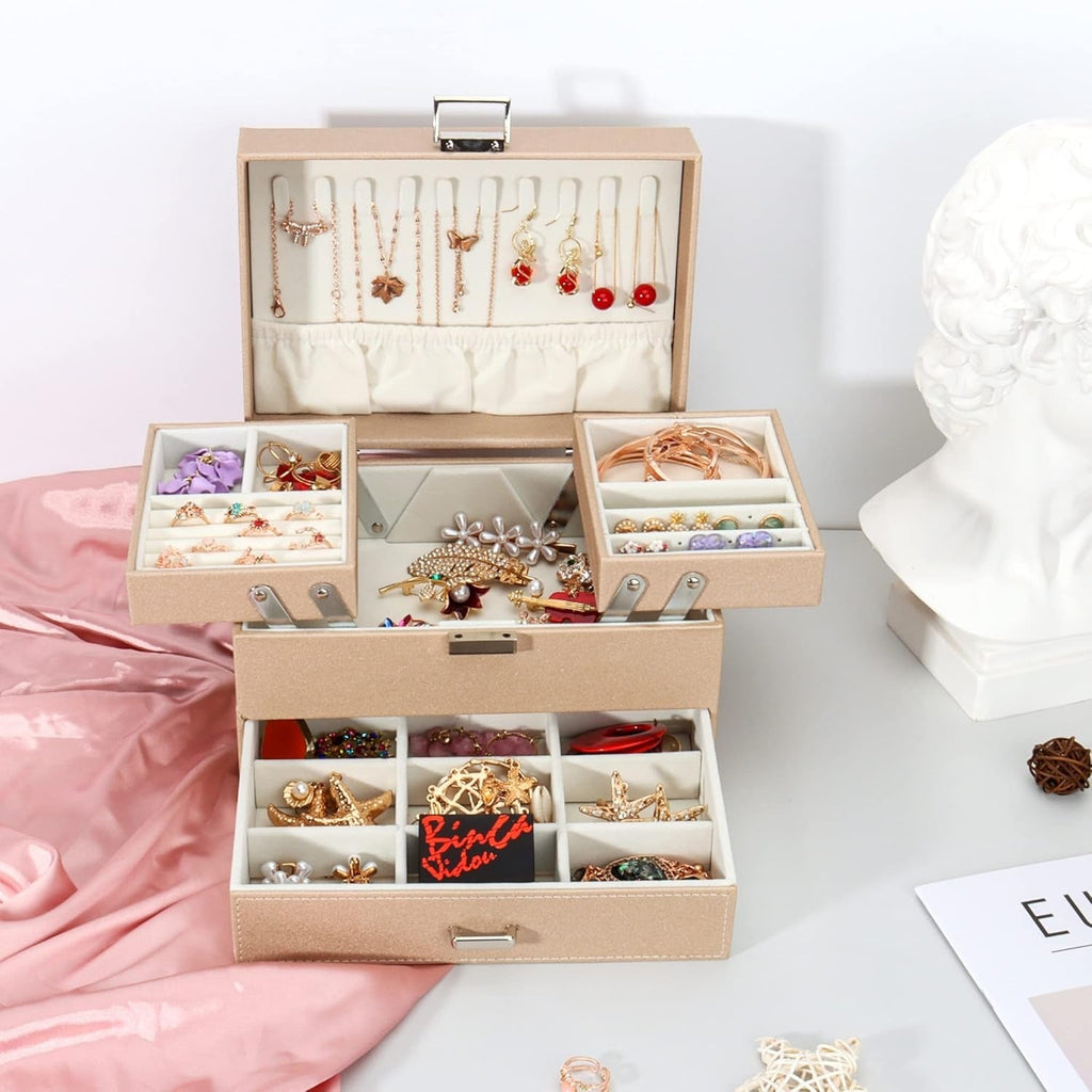 Boîte à Bijoux Multi-Rangements En Cuir Véritable - matière et finition