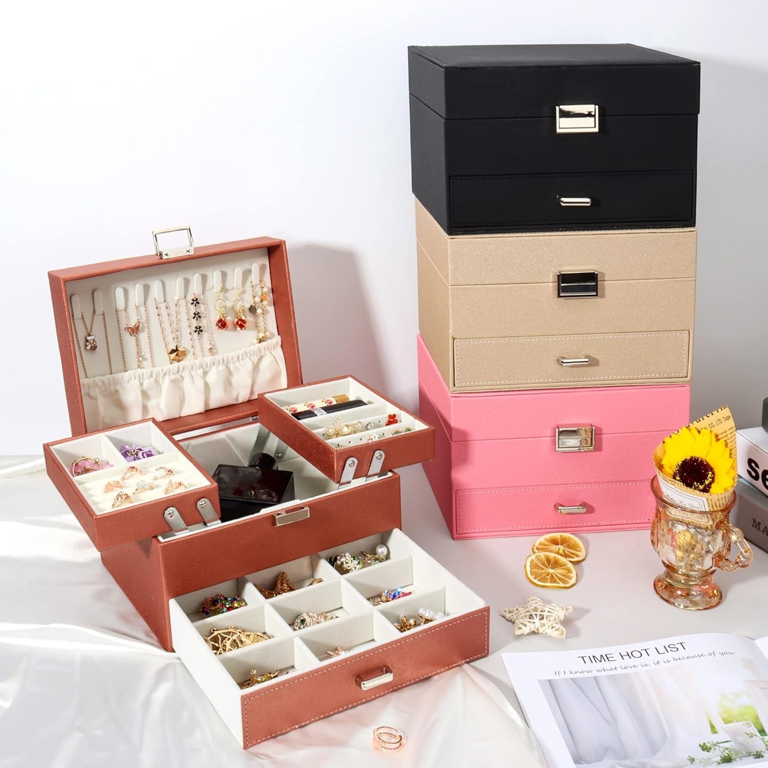 Boîte à Bijoux Multi-Rangements En Cuir Véritable - vue de face