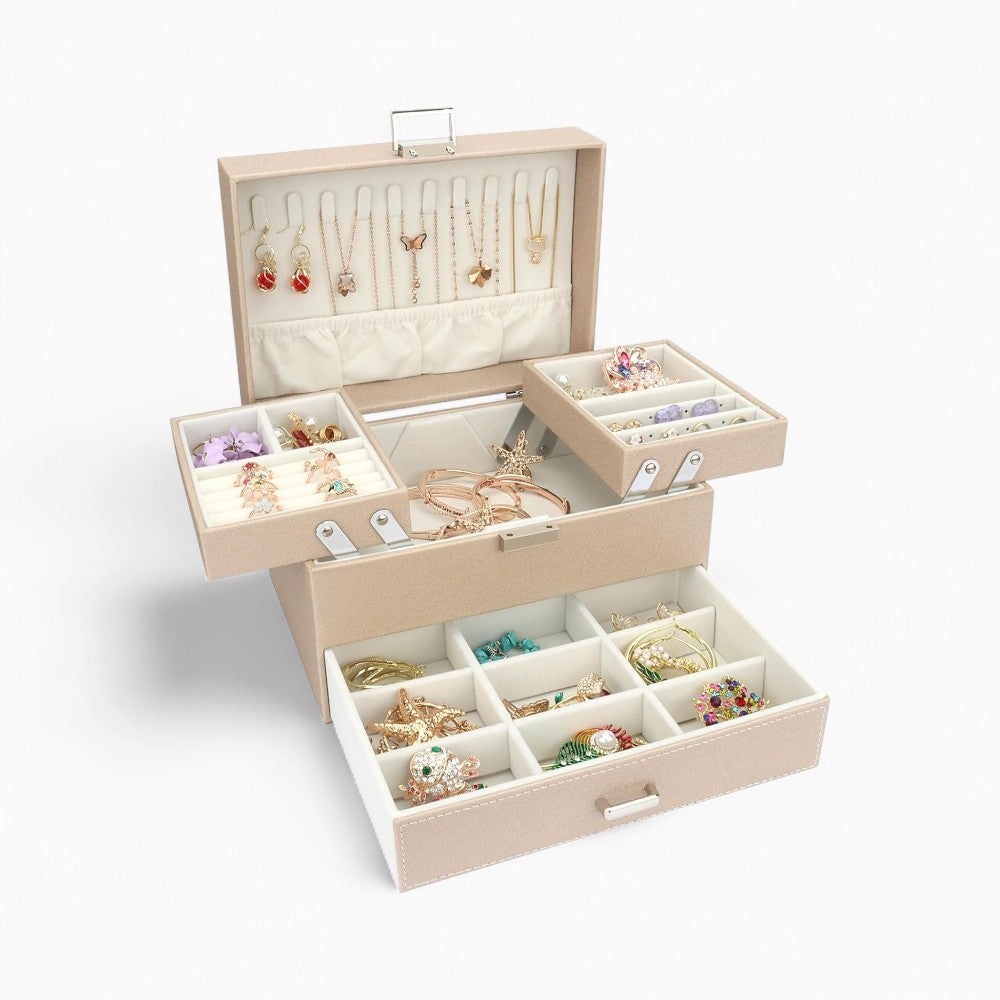 Boîte à Bijoux Multi-Rangements En Cuir Véritable - compartiments détaillés