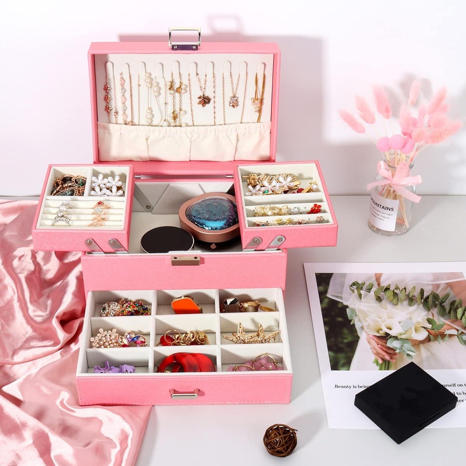 Boîte à Bijoux Multi-Rangements En Cuir Véritable - fond intérieur