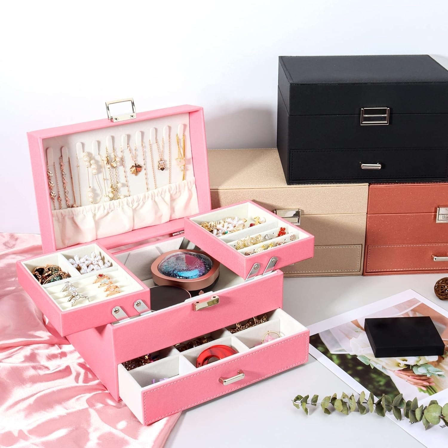 Boîte à Bijoux Multi-Rangements En Cuir Véritable - vue minimaliste
