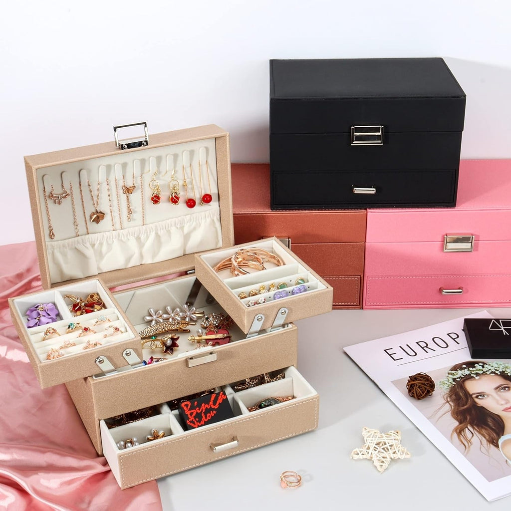 Boîte à Bijoux Multi-Rangements En Cuir Véritable - vue de dos