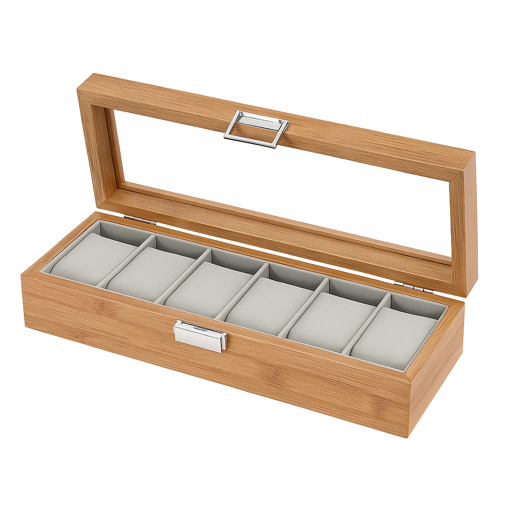 Boîte à Montres 6 compartiments en Bois Clair - vue principale