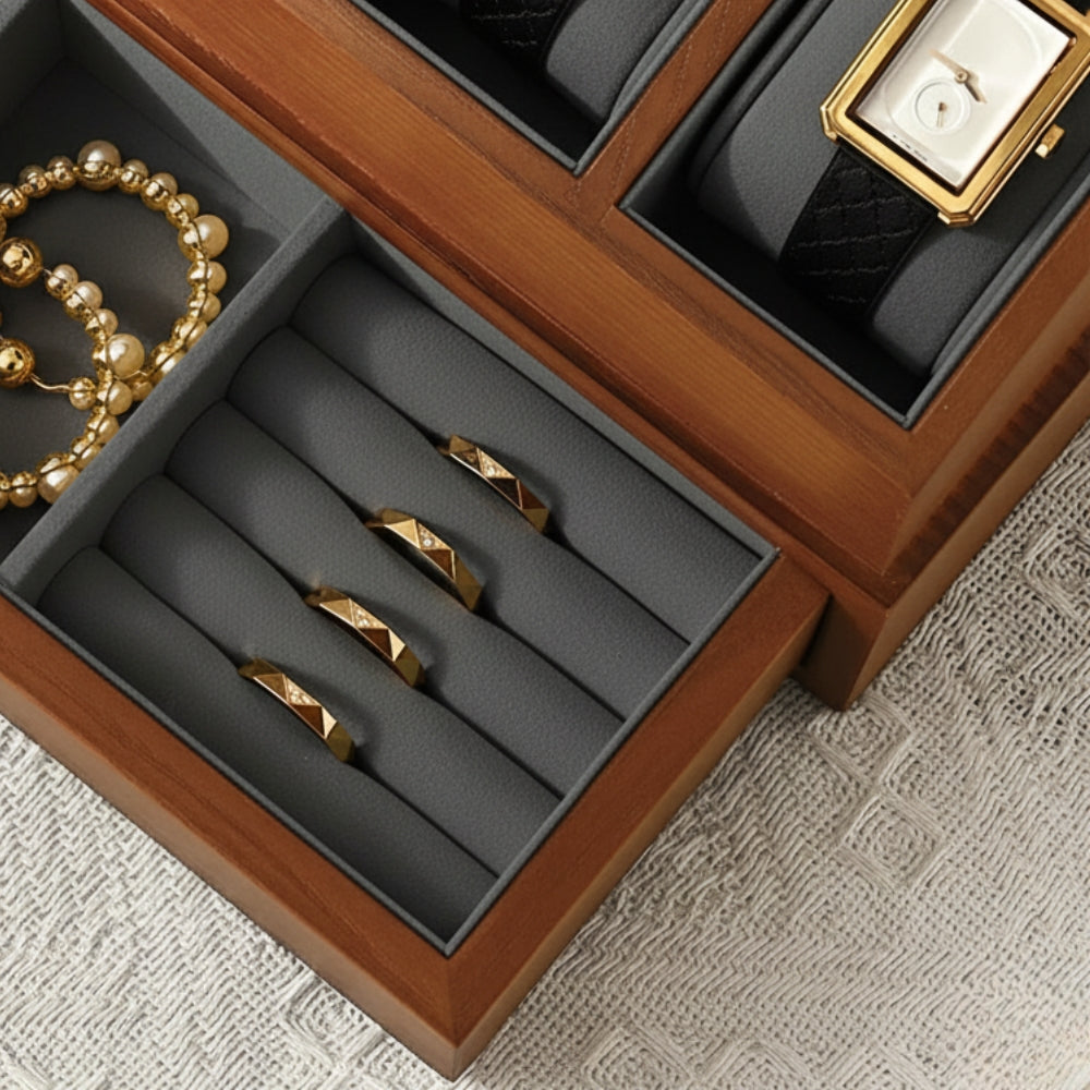 Boîte à Bijoux Et Montres En Bois Naturel - intérieur et compartiments
