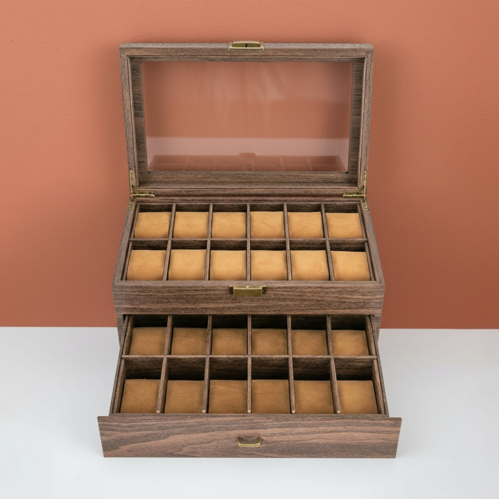 Boîte à Montres En Bois 2 Tiroirs - couvercle ouvert