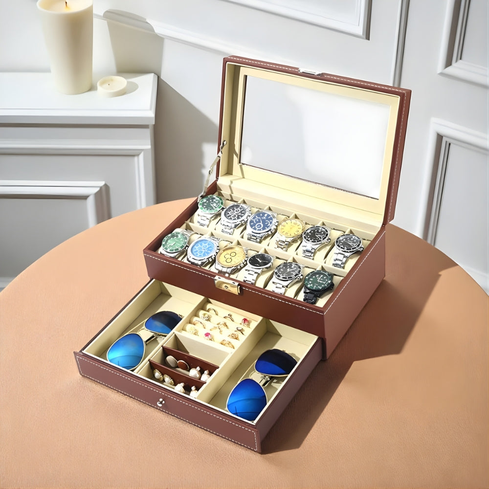Boîte à Montres 12 Compartiments En Cuir Avec Tiroir - fermée