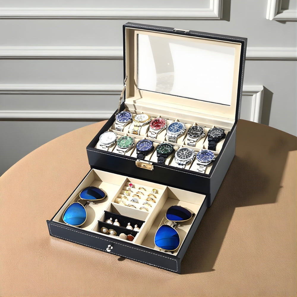 Boîte à Montres 12 Compartiments En Cuir Avec Tiroir - couvercle ouvert