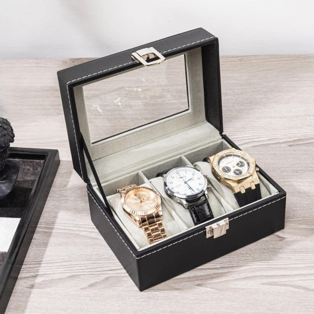 Boîte à Montres 3 Compartiments En Cuir - couvercle ouvert