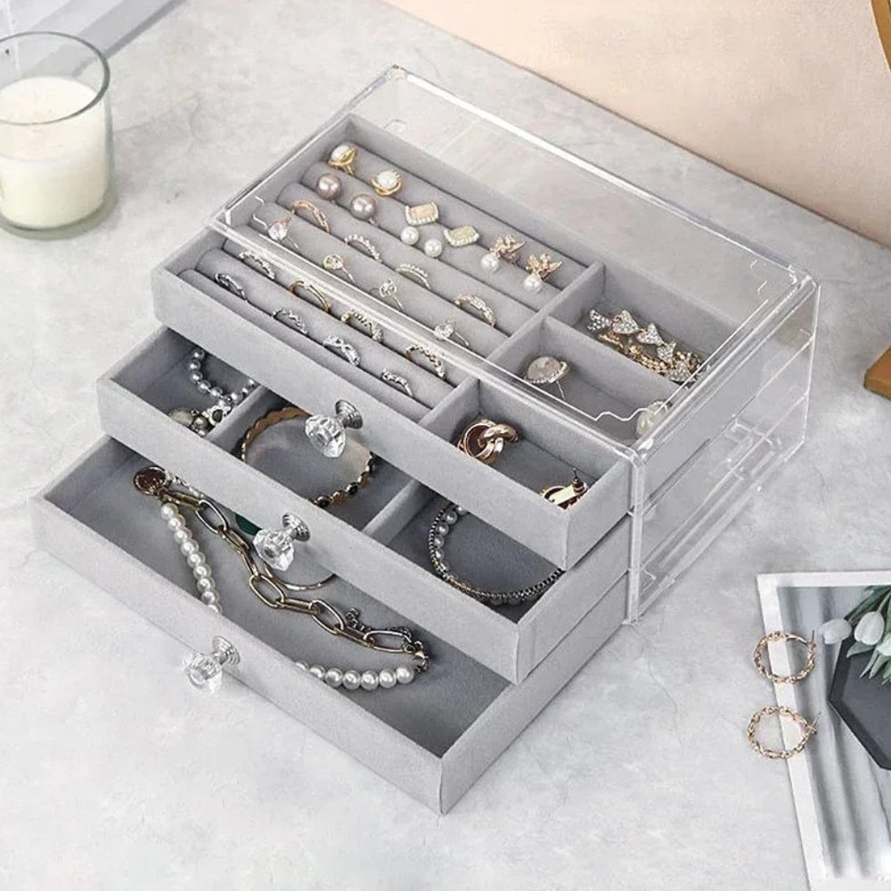 Boîte à Bijoux Grise à Tiroirs - intérieur et compartiments