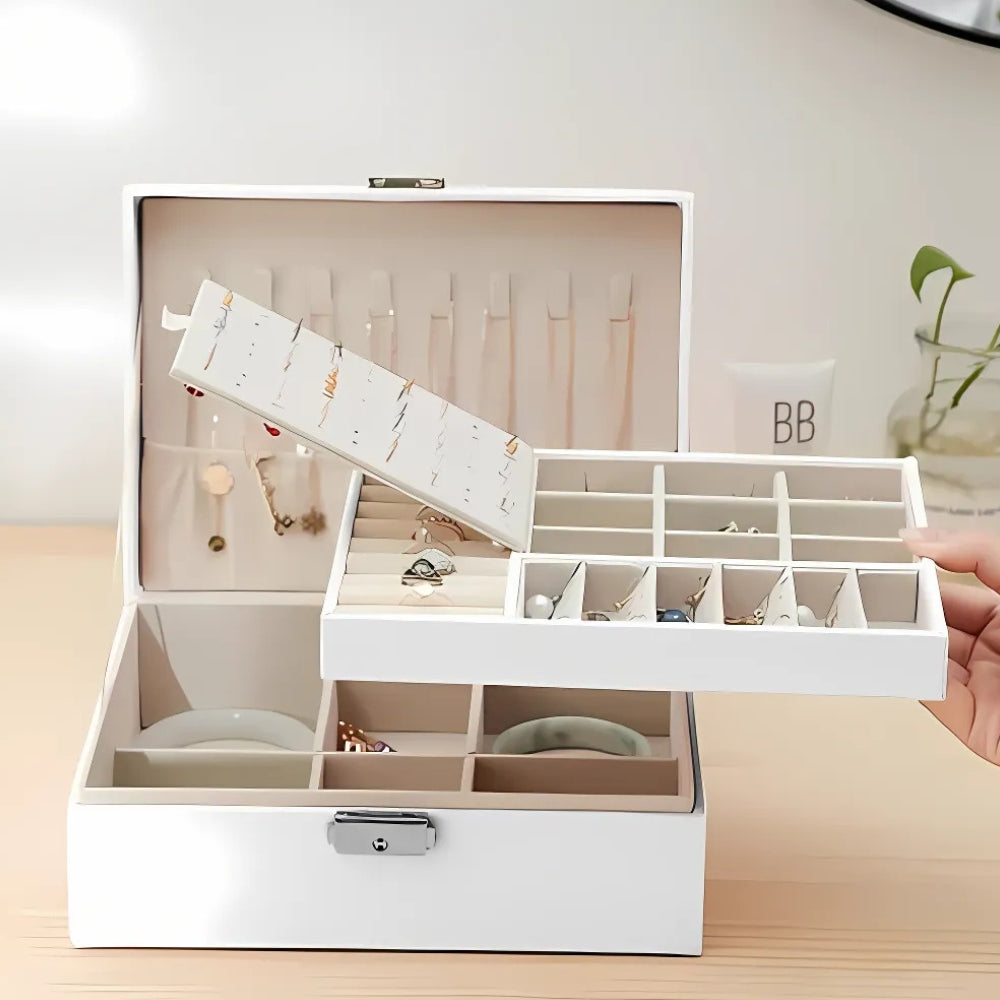 Boîte à Bijoux Cuir Blanc Intérieur Rose - intérieur et compartiments