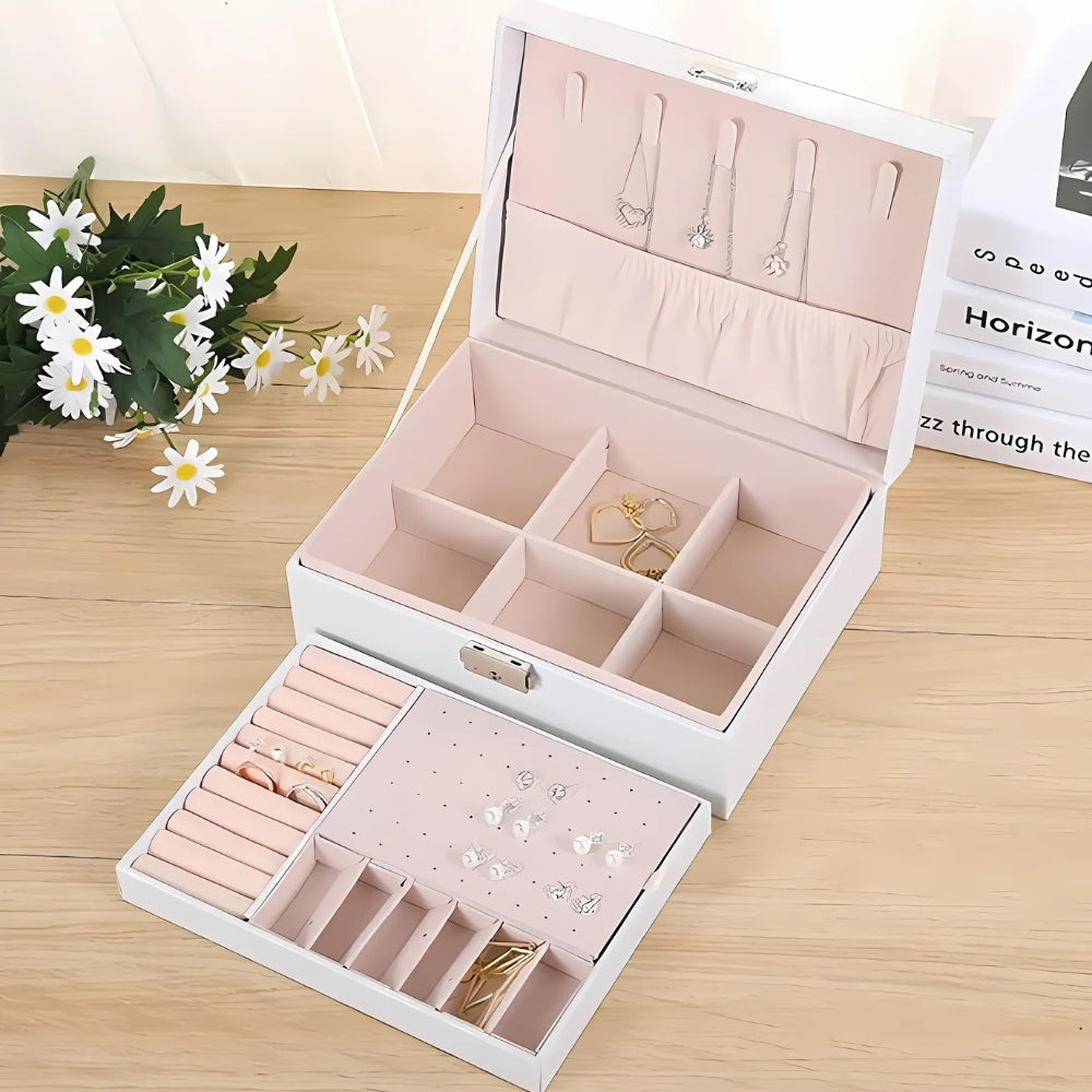 Boîte à Bijoux Cuir Blanc Intérieur Rose - vue ouverte