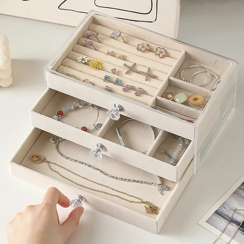 Boîte à Bijoux Grise à Tiroirs - vue de face