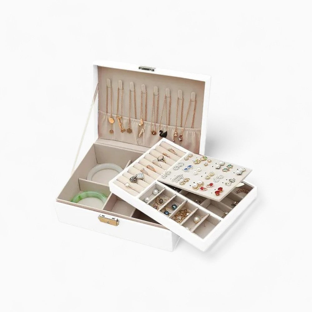 Boîte à Bijoux Cuir Blanc Intérieur Rose - vue latérale