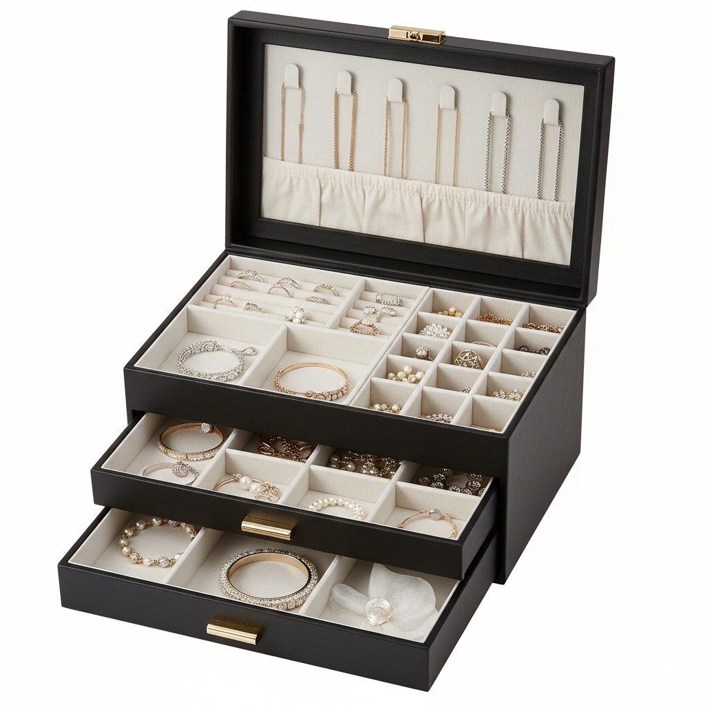 Boîte à Bijoux En Cuir Moderne - vue avec bijoux