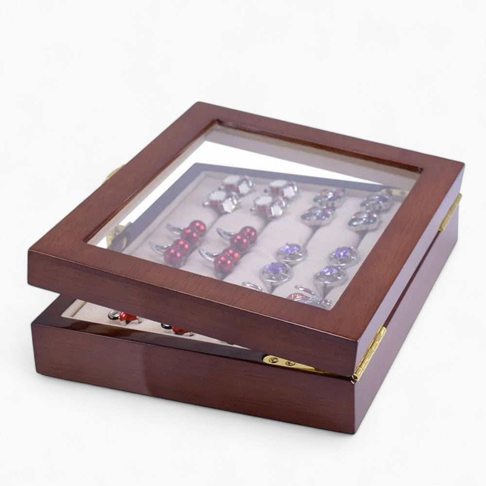 Boîte à Bijoux Bois Foncé Avec Verre - vue avec bijoux