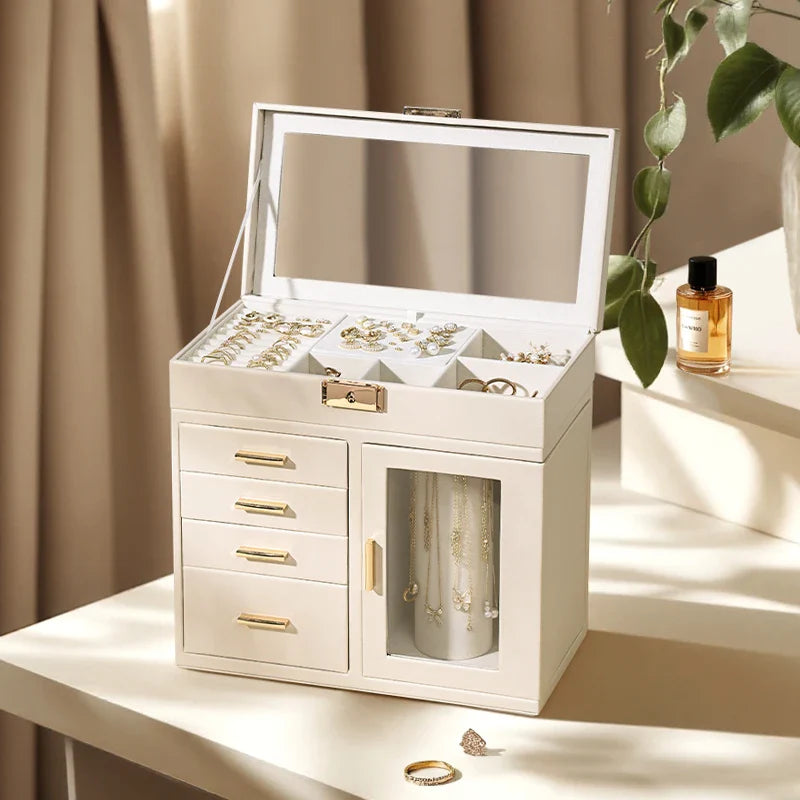 Grande Boîte à Bijoux En Cuir Beige et à Tiroirs - intérieur et compartiments