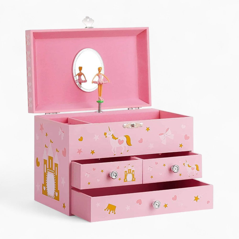 Boîte à Bijoux Musicale Rose Avec Tiroirs - vue latérale