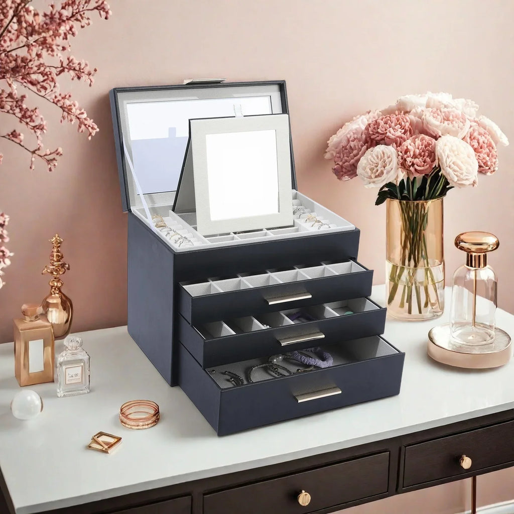 Boîte à Bijoux Avec Miroir et 3 tiroirs - vue ouverte