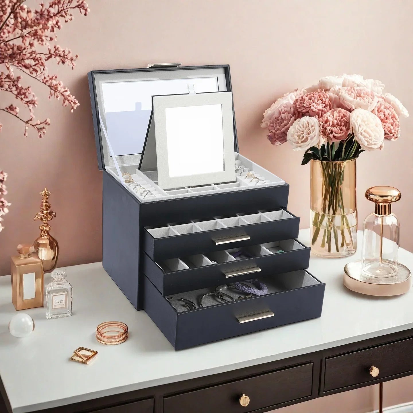 Boîte à Bijoux Avec Miroir et 3 tiroirs - vue ouverte