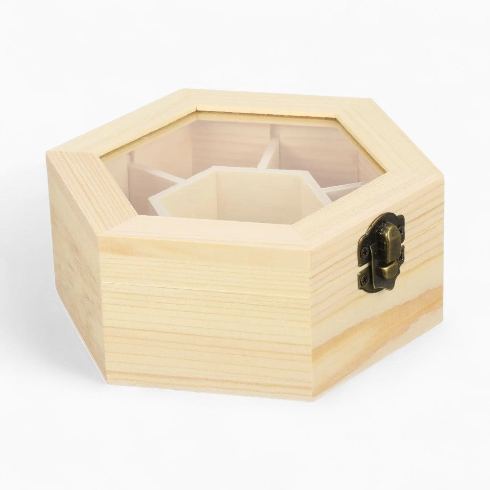 Boîte à Bijoux Hexagonale en Chêne - tiroirs ouverts