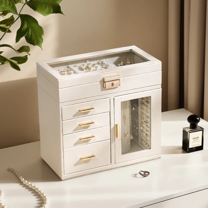 Grande Boîte à Bijoux En Cuir Beige et à Tiroirs - vue latérale