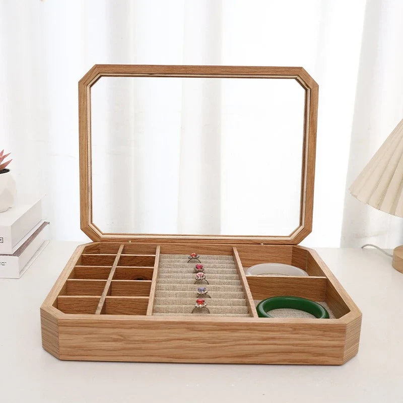 Boîte à Bijoux Bois Clair Vitré - intérieur et compartiments
