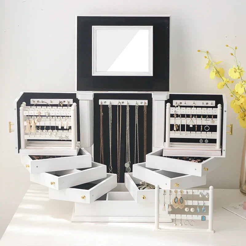 Boîte À Bijoux Multi-Compartiments en Bois Blanc Avec Miroir