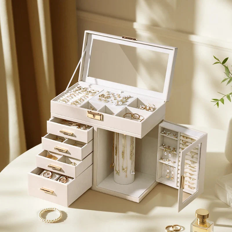 Grande Boîte à Bijoux En Cuir Beige et à Tiroirs - vue ouverte