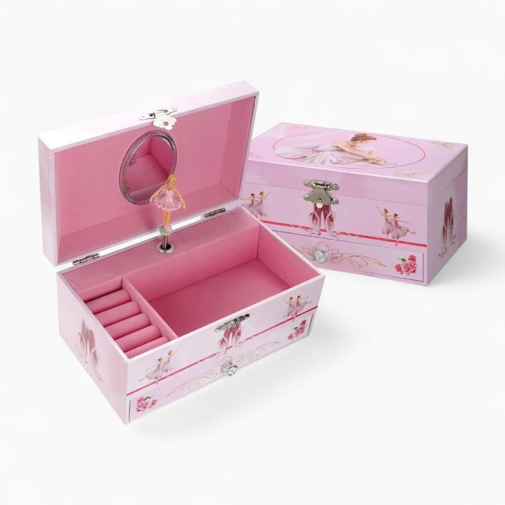 Boîte à Bijoux Rose Musique Danseuse Avec Tiroir - tiroirs ouverts
