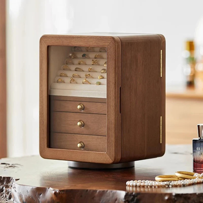 Boîte à Bijoux Rotative En Bois Massif Avec Vitre Transparente - vue ouverte